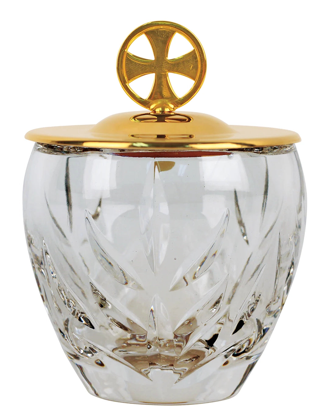 Clear glass container with a gold lid featuring a cross design on a white background