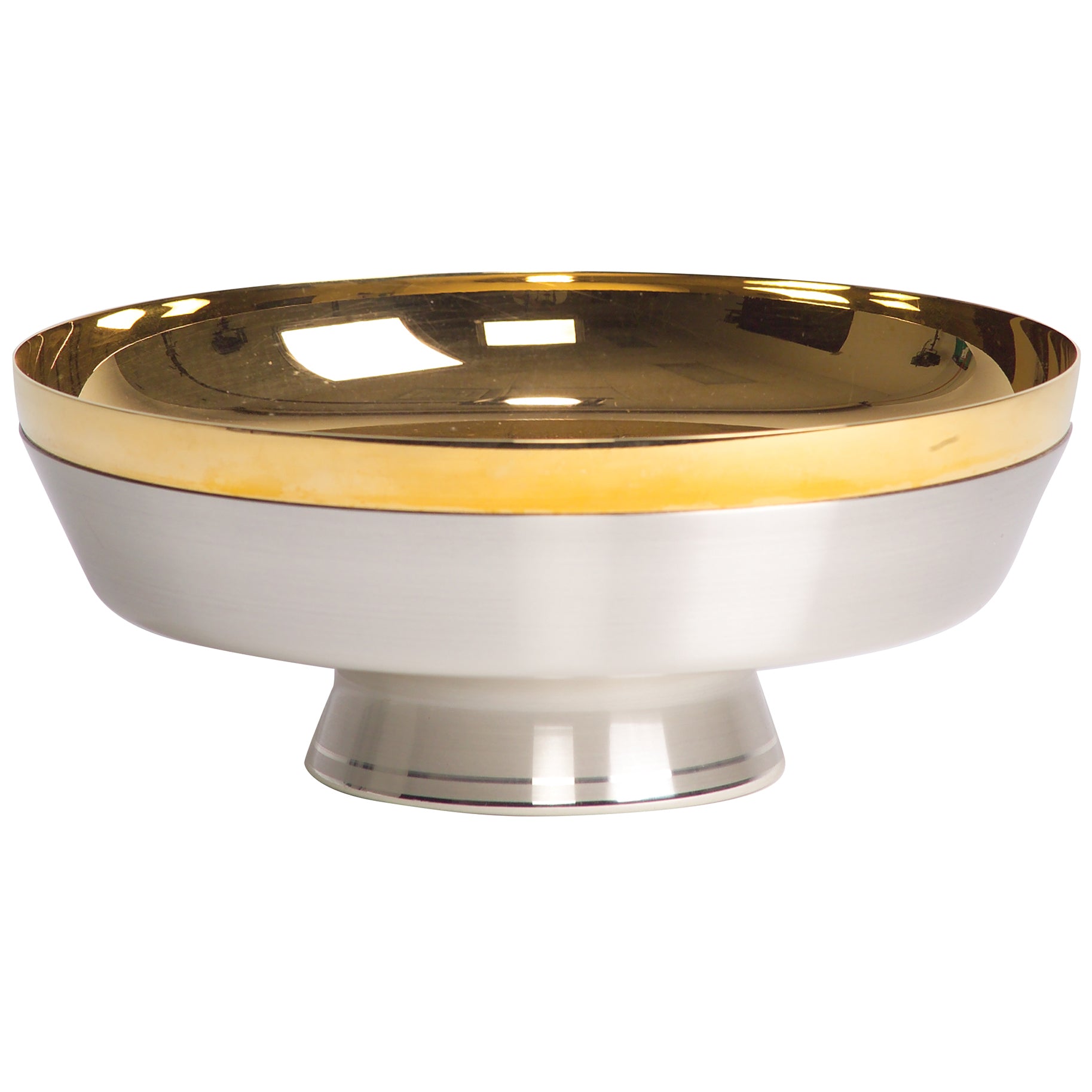 A polished pedestal bowl with a reflective gold interior and rim, and a silver-toned exterior and base, shown on a plain white background.
