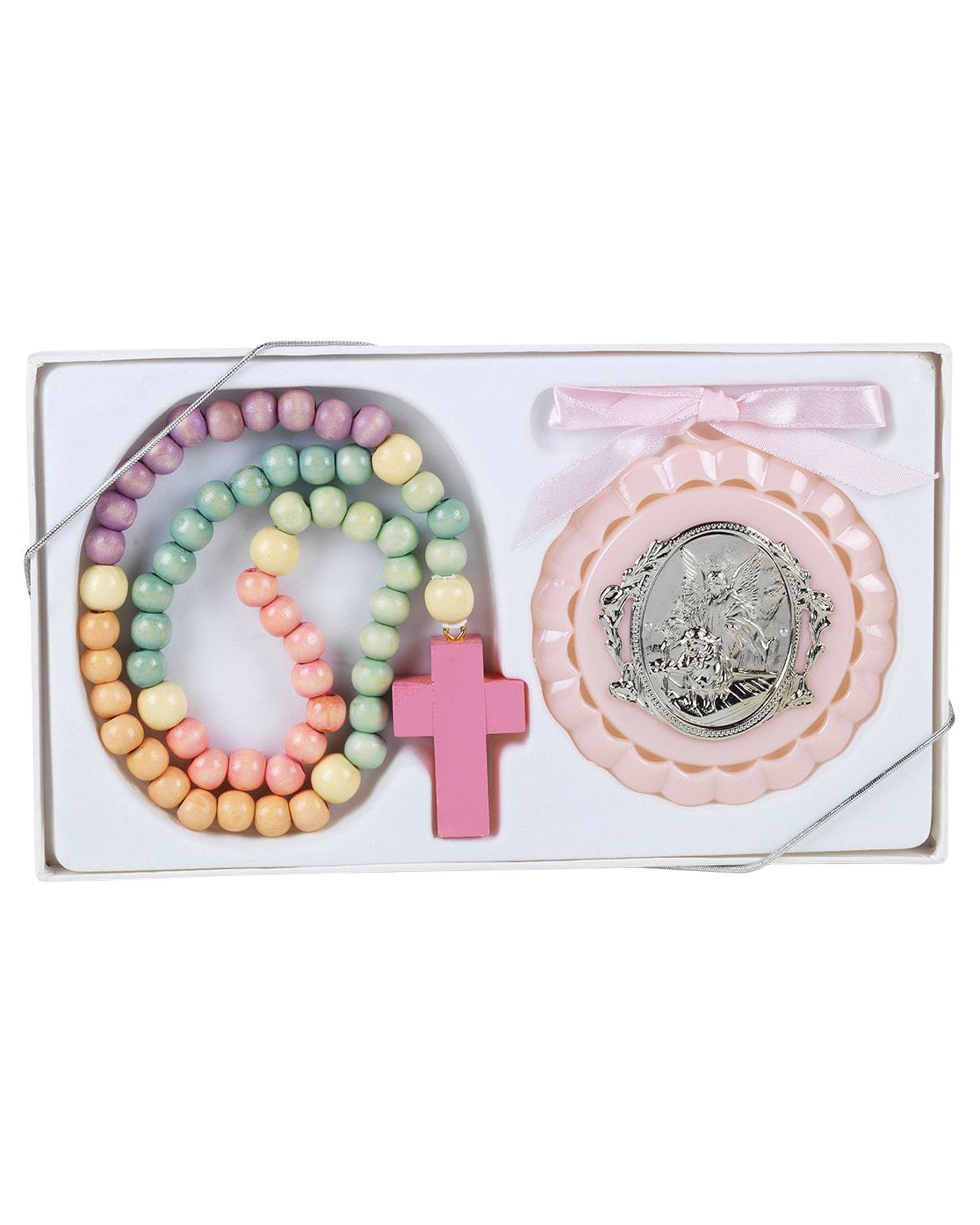 Guardian Angel Crib Medal with Pastel Wood Rosary
