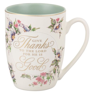 Give Thanks Mug, Cream & Green Floral