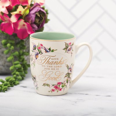Give Thanks Mug, Cream & Green Floral