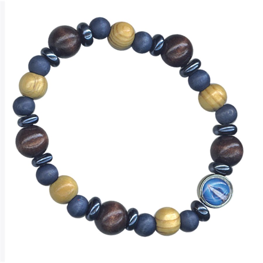 Bracelet with planet-themed beads on a white background