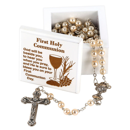 5mm WHITE GLASS PEARL ROSARY IN WHITE WOOD COMMUNION BOX