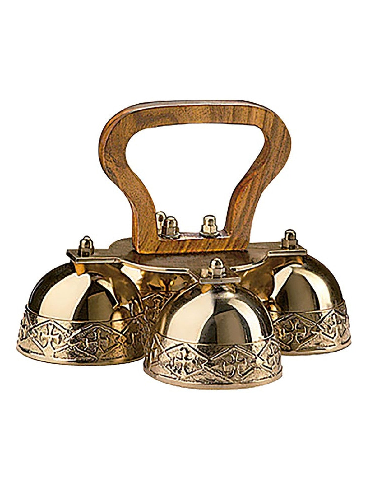 Brass handbell set with wooden handle on a white background