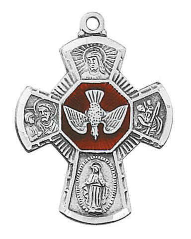 Silver cross pendant with religious figures and an eagle emblem on a white background