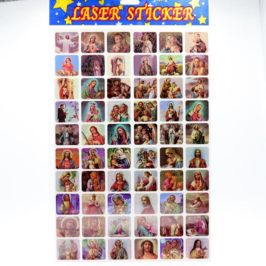 A sheet of laser stickers featuring numerous small religious illustrations of the Virgin Mary and Jesus, with a blue header at the top reading 'LASER STICKER' in yellow letters.