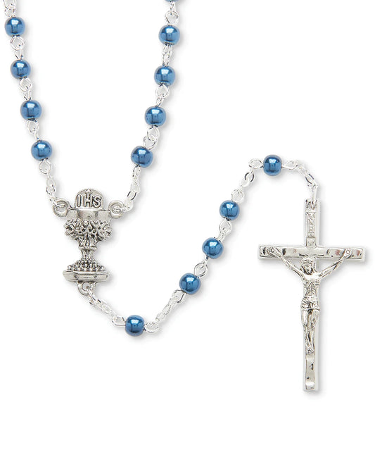 Rosary with blue beads on a white background