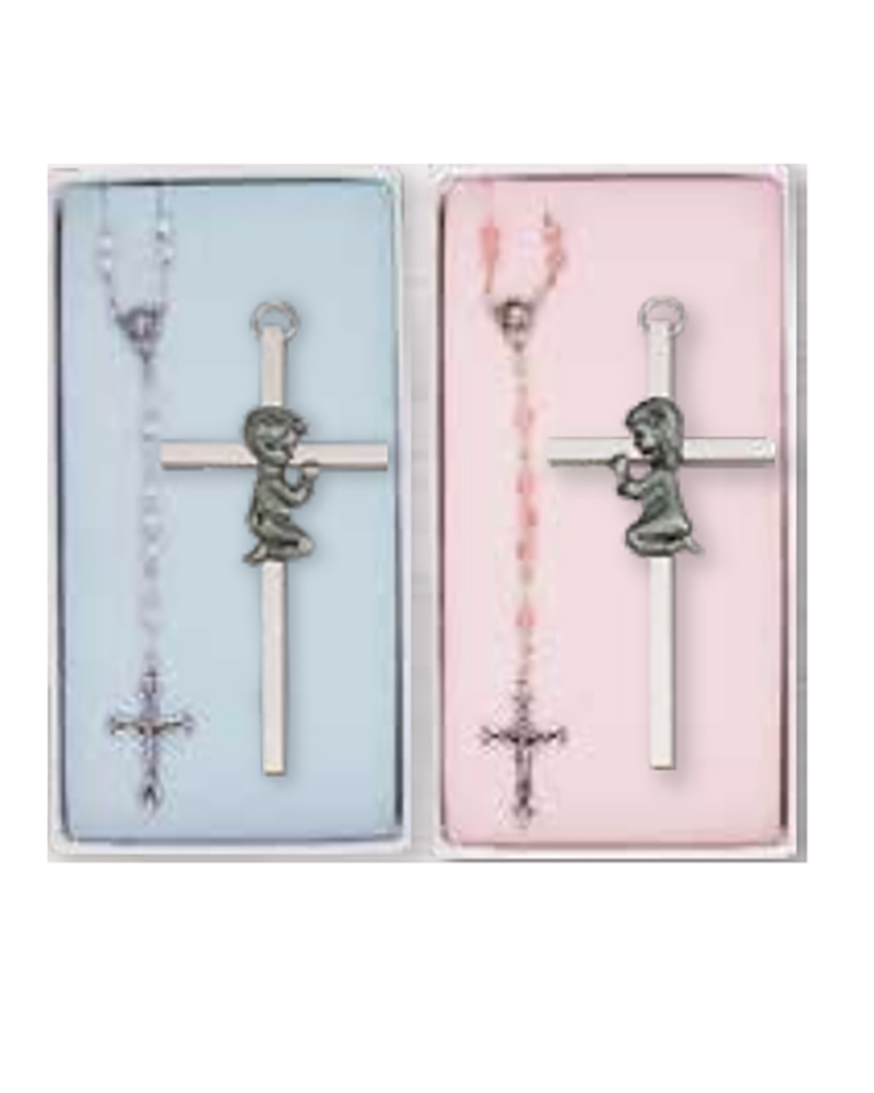 Two rosary sets in packaging, one blue and one pink, with angel and cross designs.