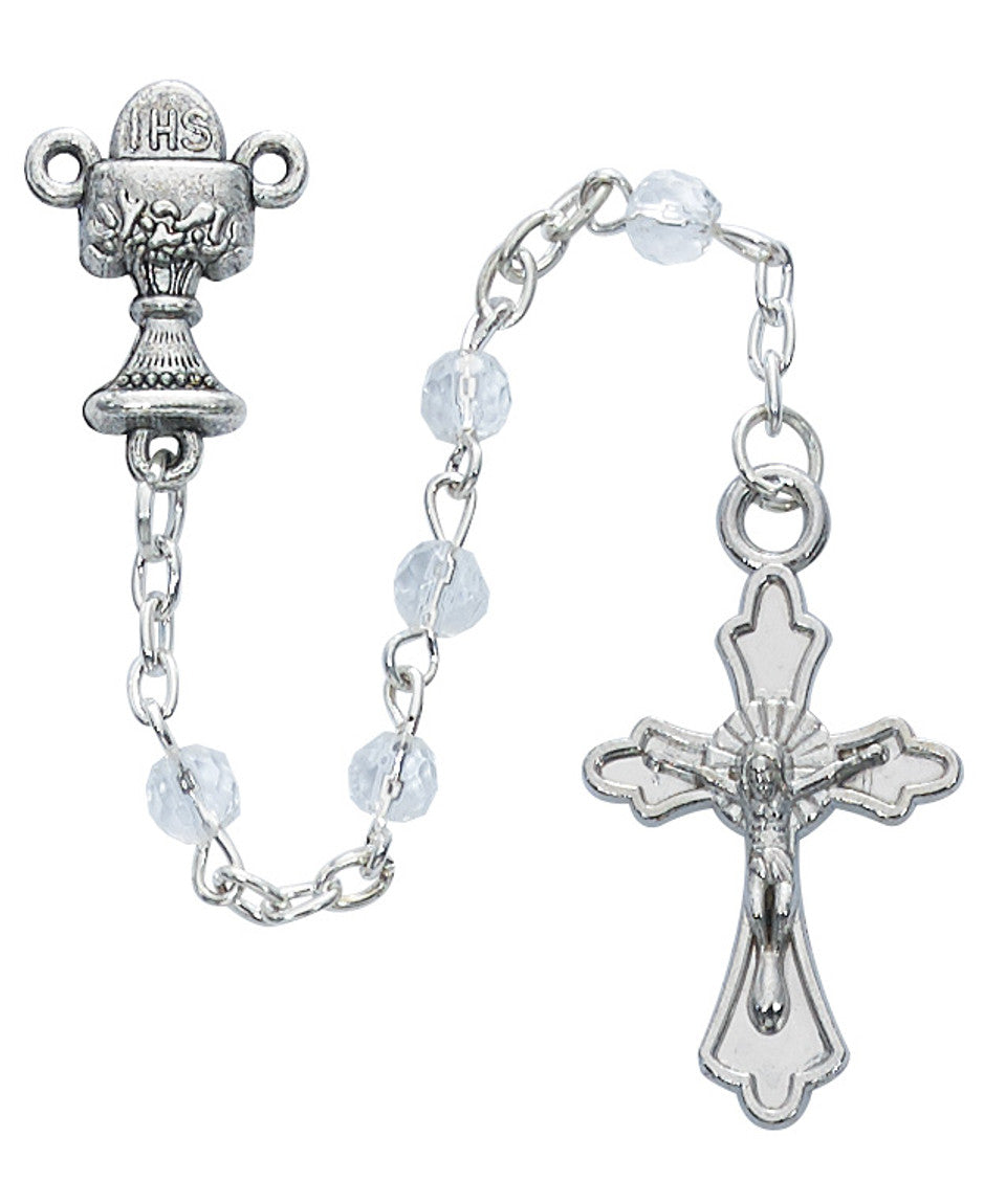 A crystal rosary with silver oxide crucifix and communion cup center piece, featuring 4 mm beads and chain links.
