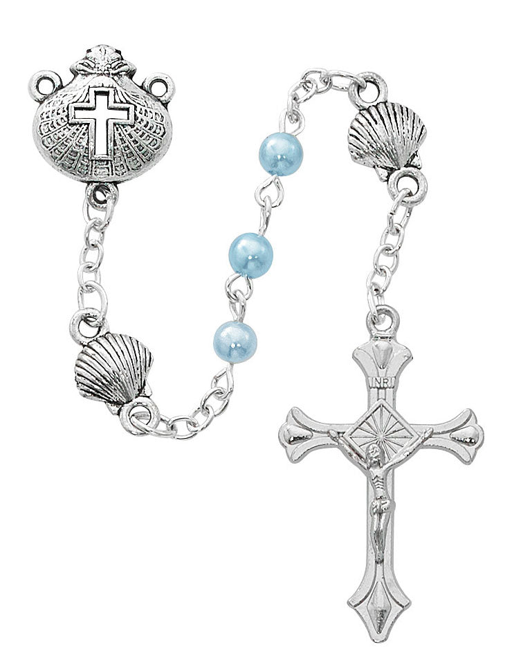 Silver rosary with blue beads on a white background