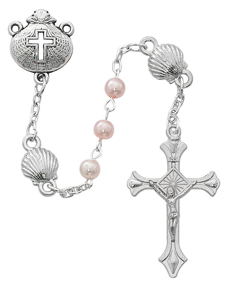 Silver rosary with pink beads on a white background