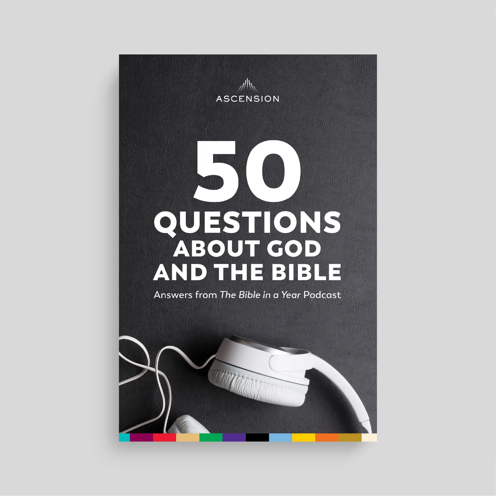 Book cover with '50 Questions About God and the Bible' text and headphones on a gray background