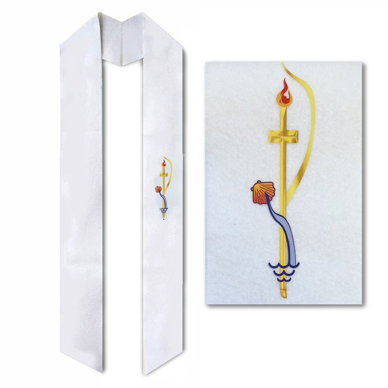 White stole with embroidered design on a white background