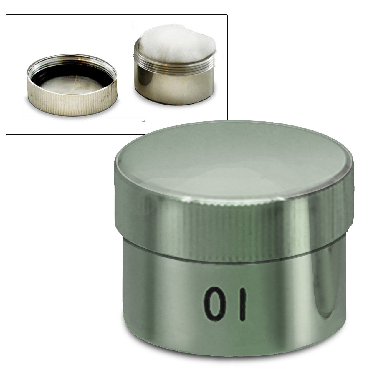 Metal container with lid and small inset showing lid details on a white background