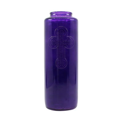 A tall, cylindrical purple glass jar with a raised Orthodox cross design on the front, set against a plain white background.