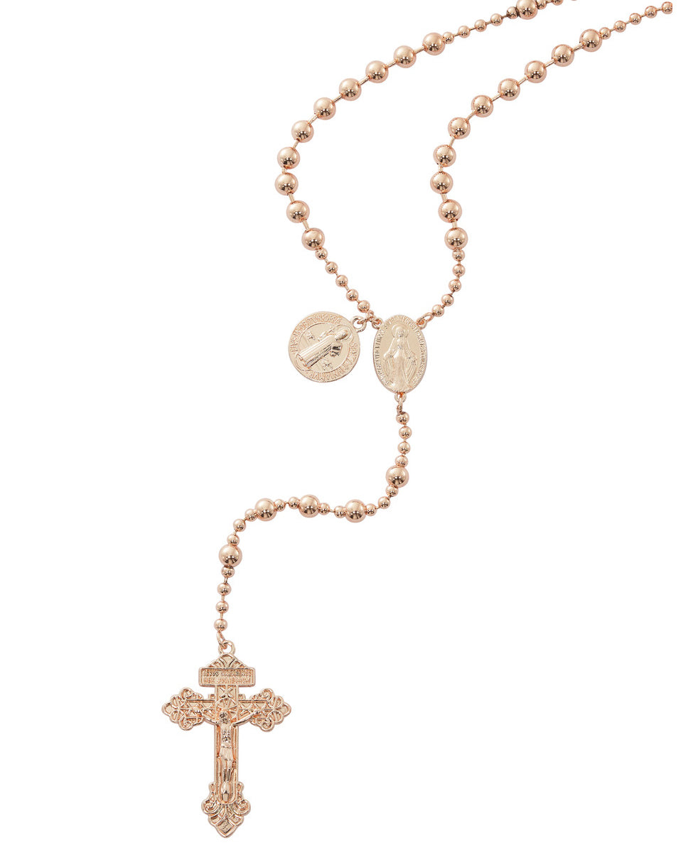 Rose gold rosary necklace on a white background