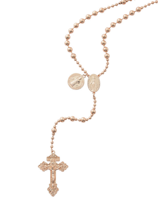 Rose gold rosary necklace on a white background