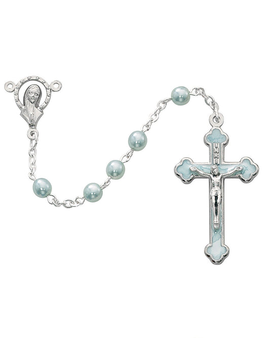 Silver rosary with light blue beads on a white background