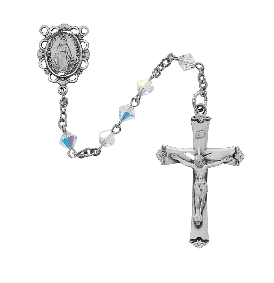 Silver rosary with crucifix on a white background