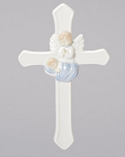Decorative cross with angelic design on a gray background