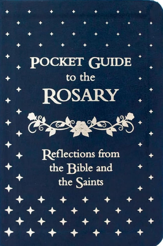 Navy blue pocket guide to the Rosary with white text on a white background