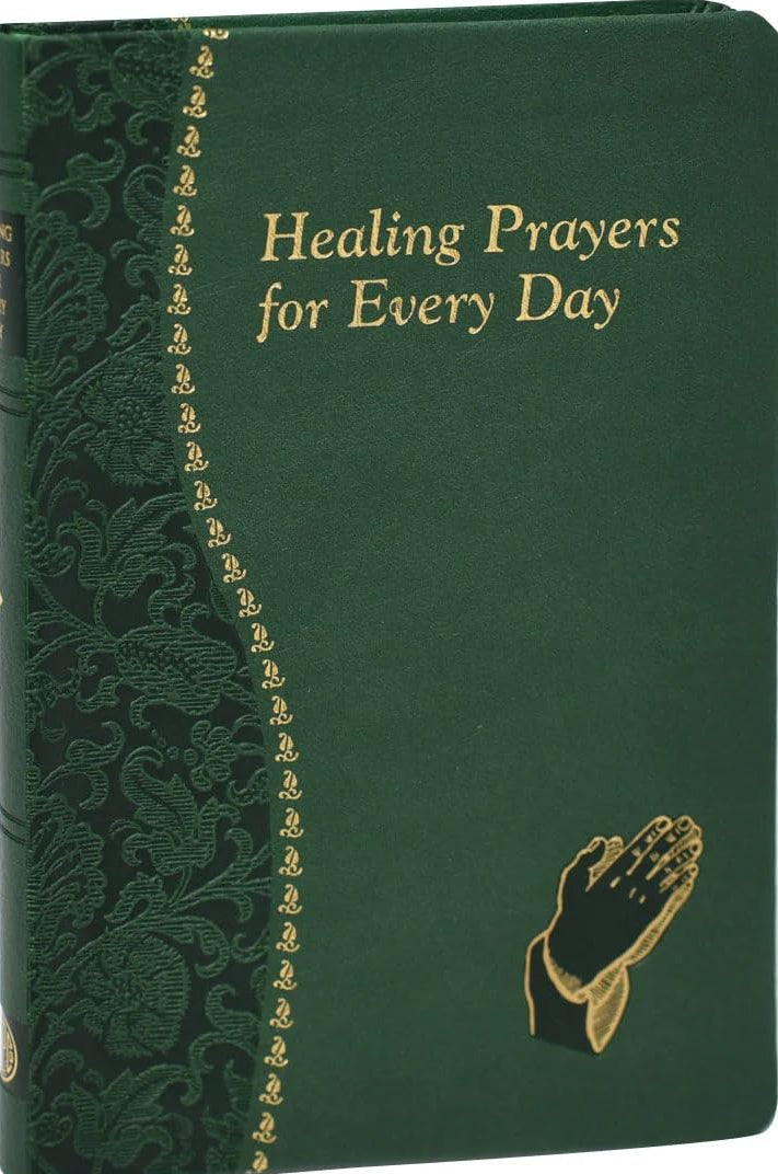 Green book titled 'Healing Prayers for Every Day' with a gold prayer hand design on a white background