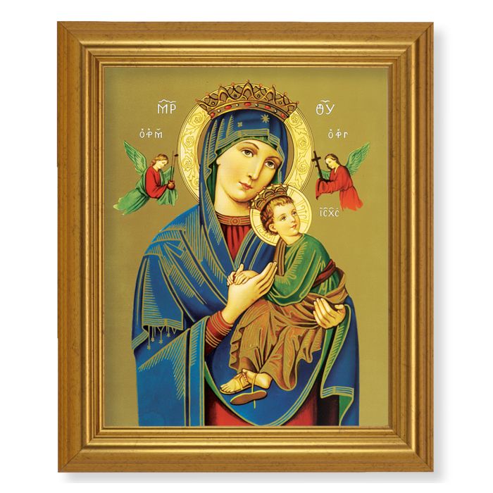 A framed Eastern Orthodox-style religious icon depicting the Virgin Mary holding the Christ Child, with a gold background and a gold-toned wooden frame.
