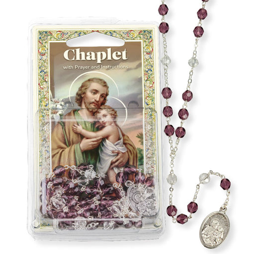 Chaplet with prayer card featuring a religious figure on a white background