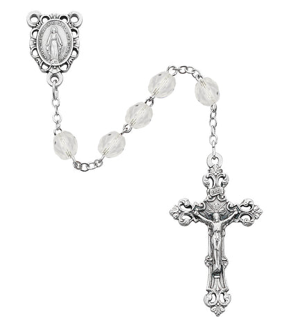 Silver rosary with clear beads on a white background