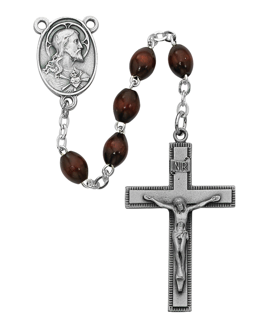 Rosary with brown beads and silver metal components on a white background