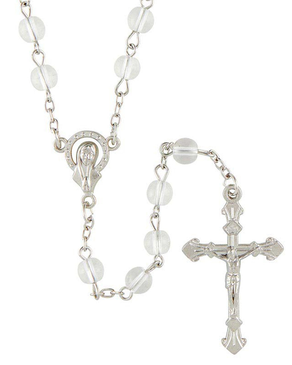 A glass rosary with a silver-colored crucifix and embossed Madonna centerpiece, featuring a chain of beads and a lobster clasp.