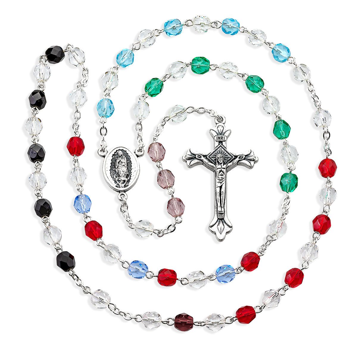 A multicolored glass bead rosary with a silver cross and Our Lady of Guadalupe centerpiece.