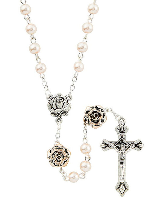 A silver-colored rosary with imitation pearl beads and a crucifix, featuring iron chain and silver-tone plated accents.