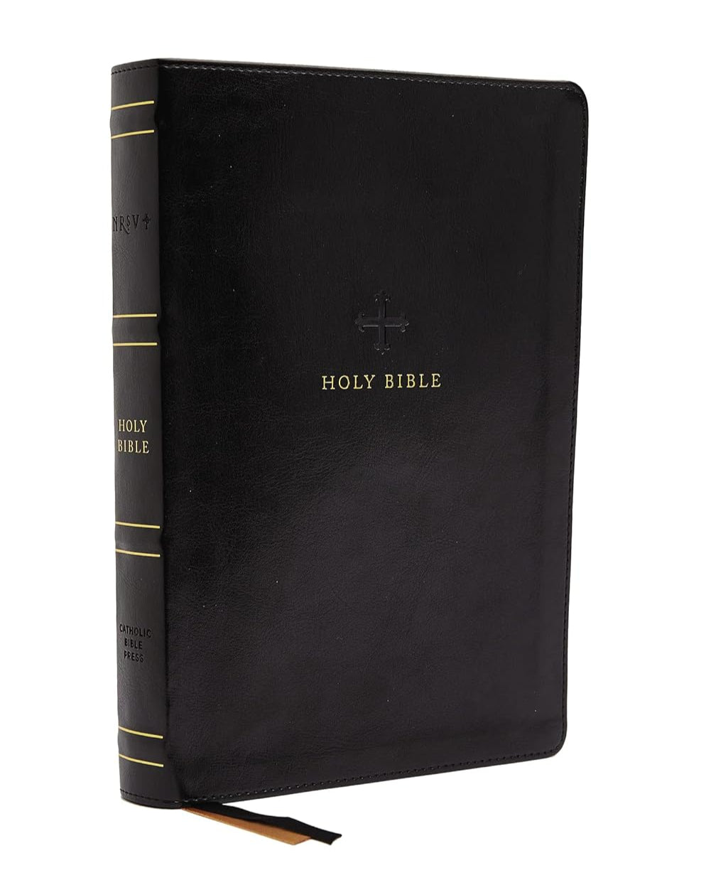 Black Bible with gold lettering on a white background