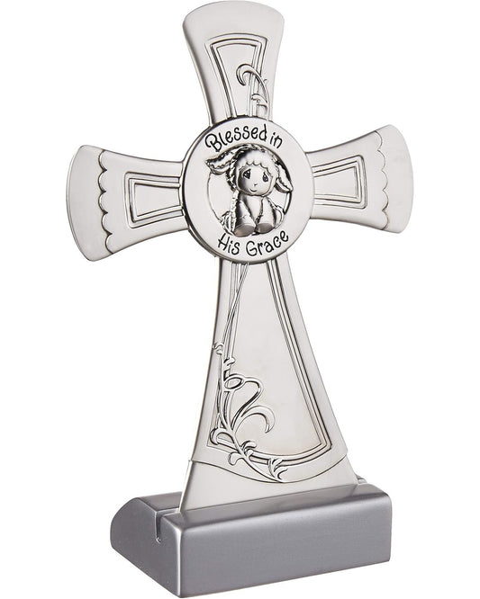 Precious Moments : Croix de baptême Luffie l'Agneau béni dans sa grâce avec support 7 po