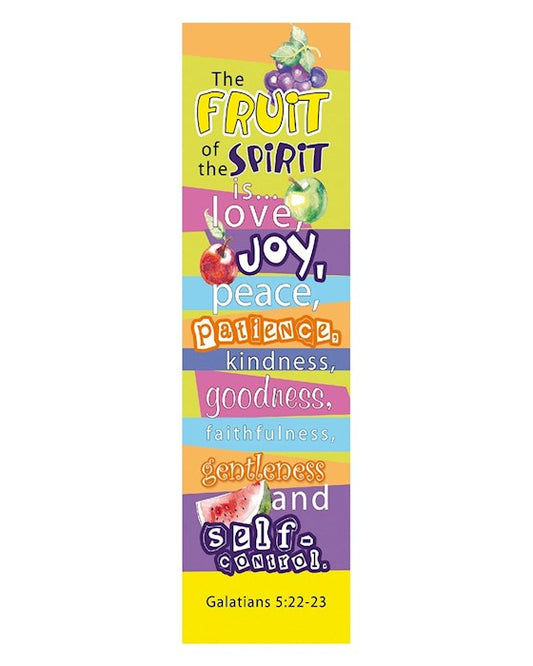 Colorful bookmark with text about the 'Fruit of the Spirit' on a white background