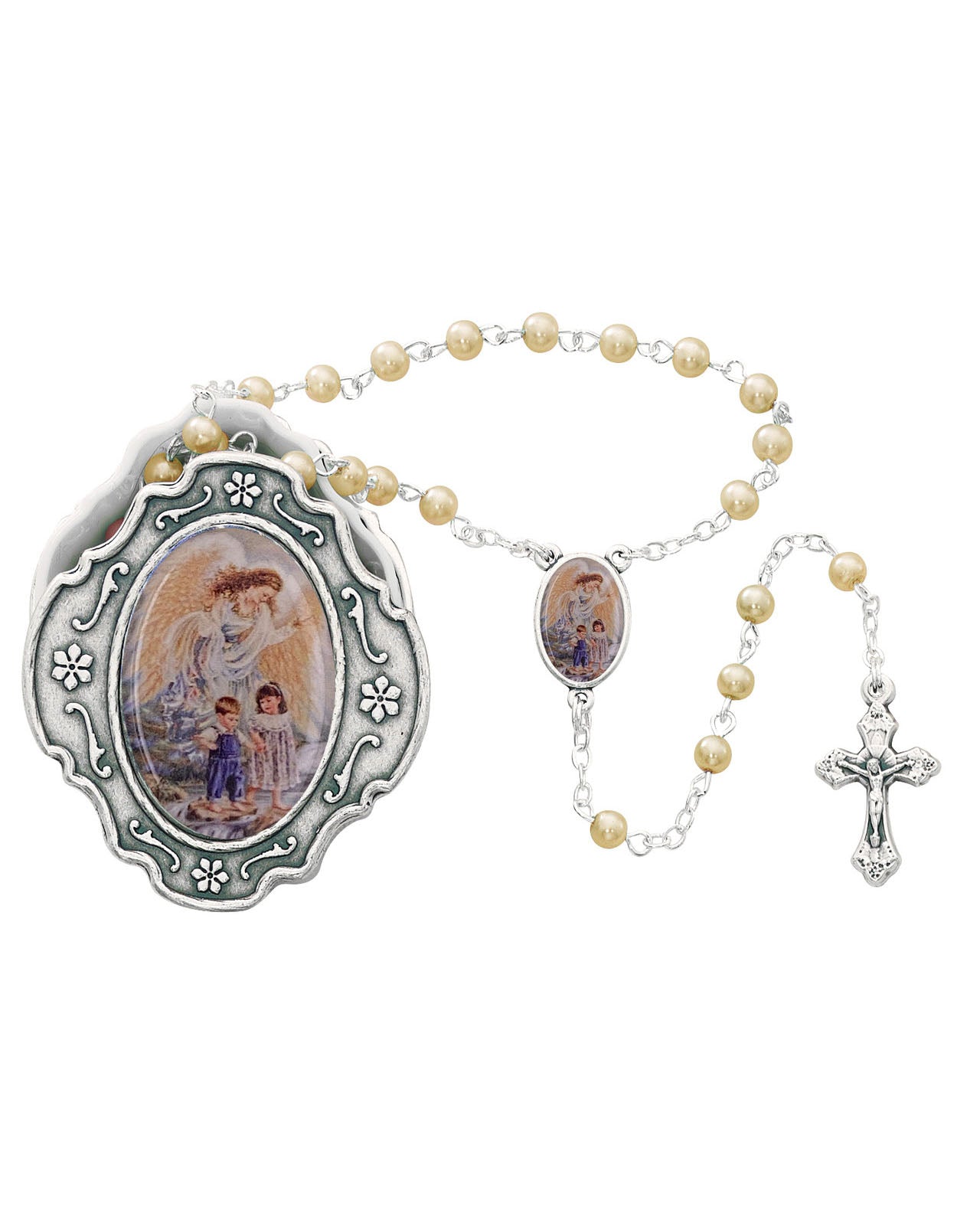 Rosary with religious images on a white background