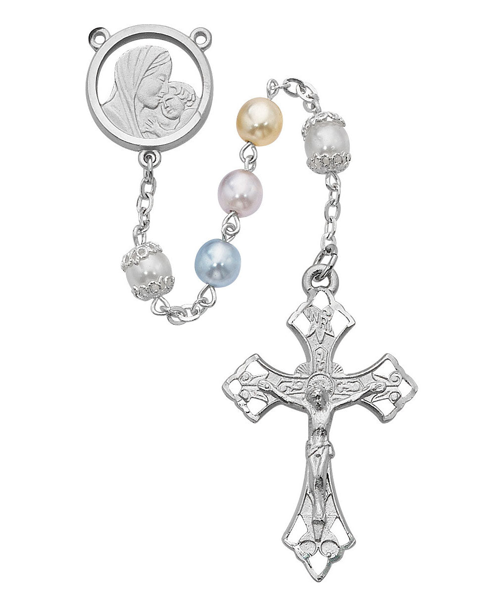Silver rosary with pastel beads on a white background