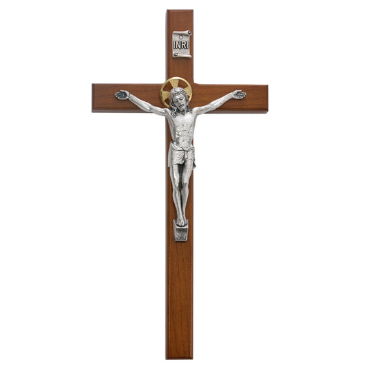 Silver and Cherry Wood Crucifix 10"