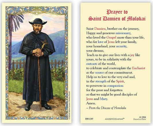Laminated prayer card featuring Saint Damien of Molokai with a scenic background
