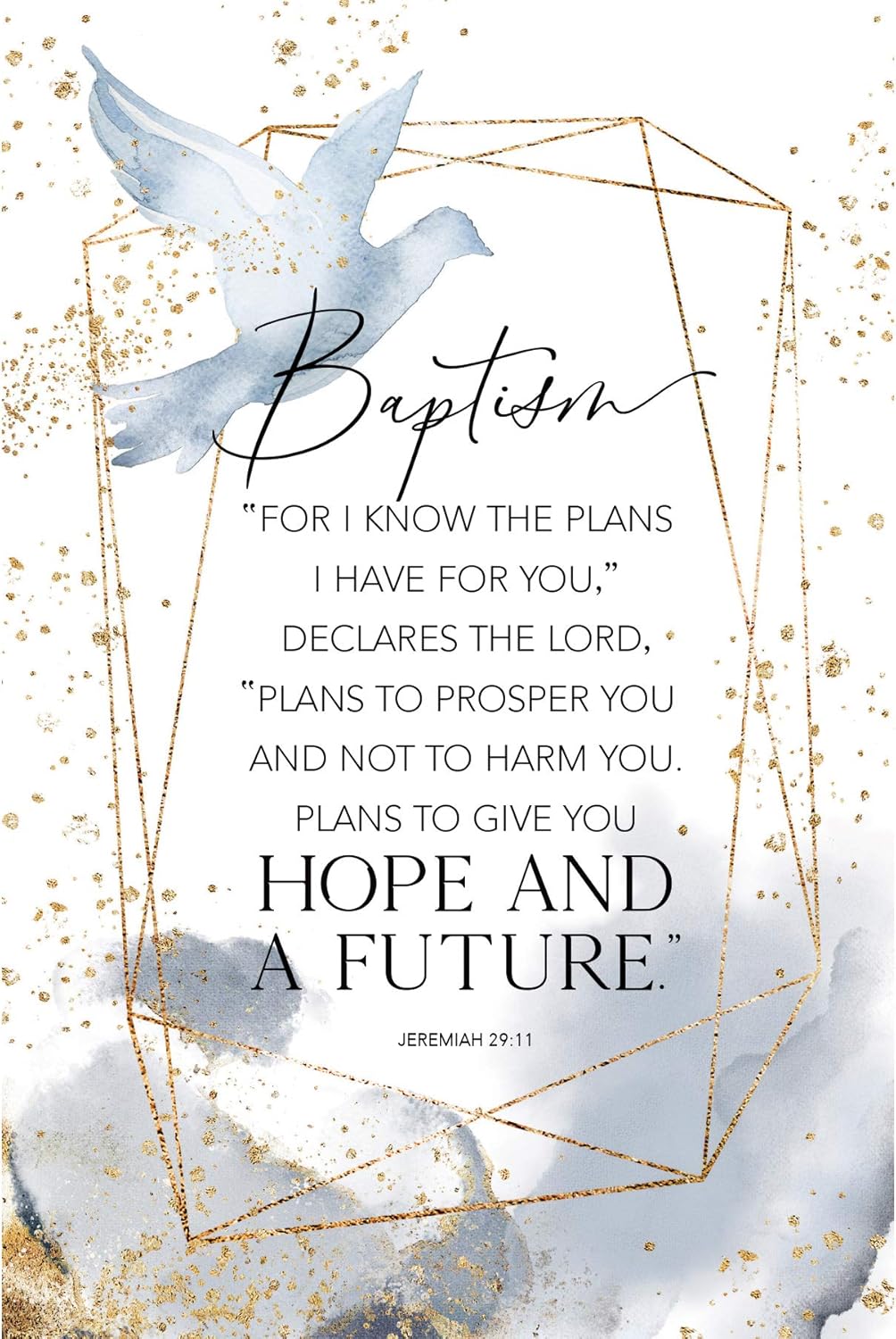 Decorative design with a dove, geometric shapes, and Bible verse text on a white background.