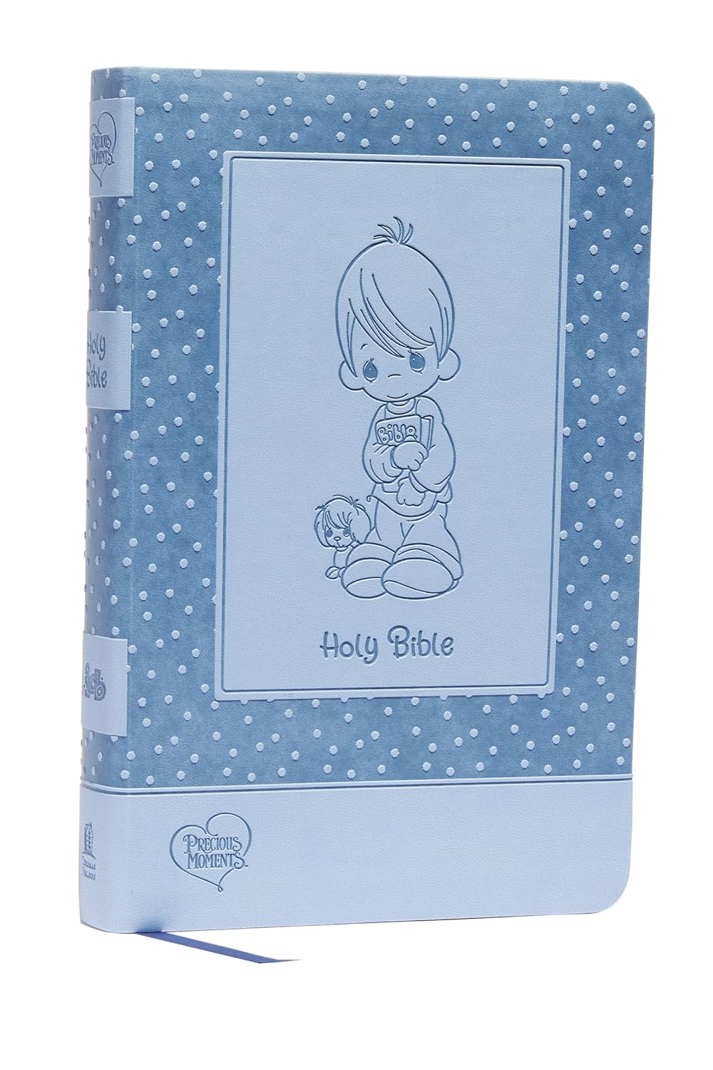 Blue polka dot Bible cover with a child illustration on a white background