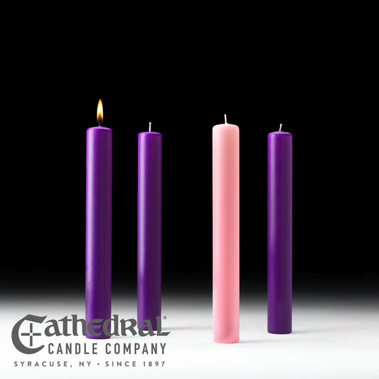 Four candles of different colors with the Cathedral Candle Company logo.