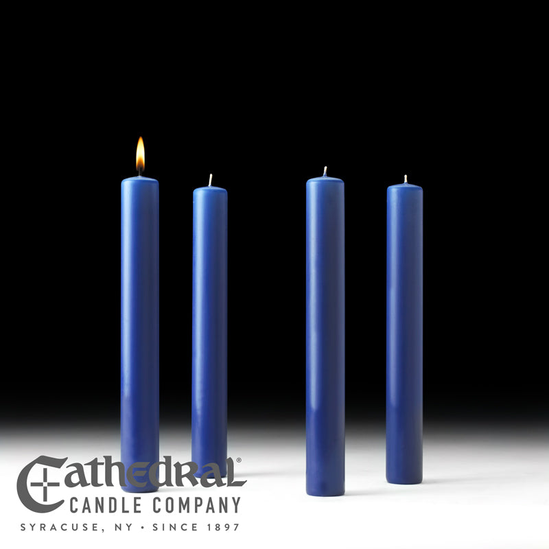 Four blue candles with one lit on a black background, featuring the Cathedral Candle Company logo.