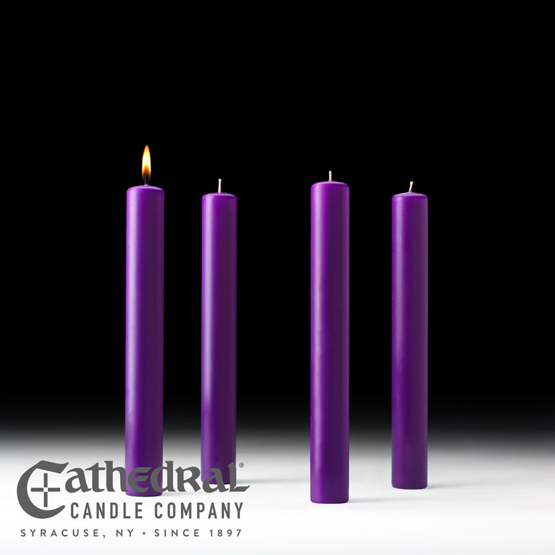 Four purple candles with one lit on a white background, featuring the Cathedral Candle Company logo.