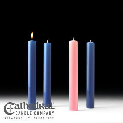 Four candles in blue and pink colors with 'Cathedral Candle Company' logo.