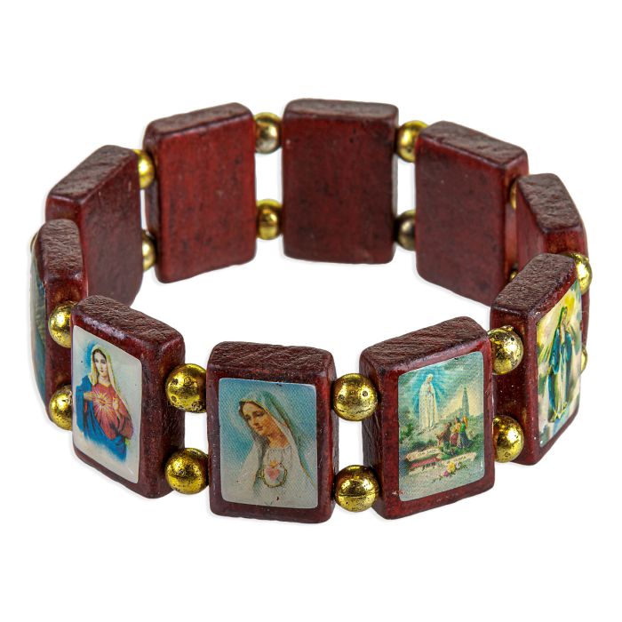 A wooden beaded stretch bracelet featuring dark reddish-brown rectangular wood pieces with small gold-tone metal beads and square inset religious images of the Virgin Mary and other saints on a white background.
