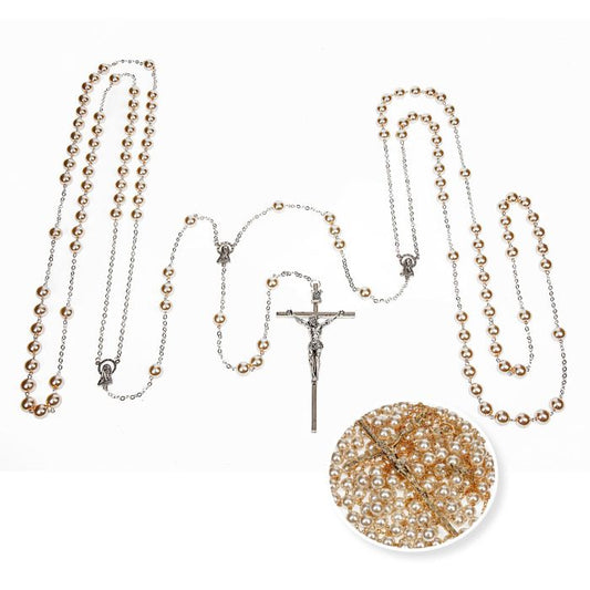 A gold-plated imitation pearl lasso wedding rosary with a crucifix and pearl beads, displayed on a white background.