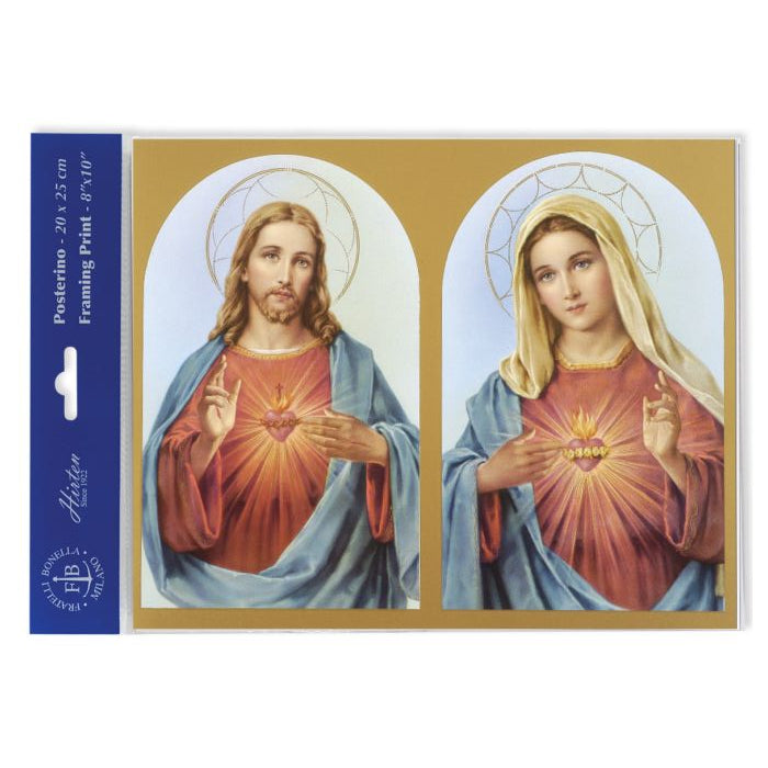 A packaged print featuring images of two figures with sacred hearts, likely representing Jesus Christ and the Virgin Mary, with a gold background and full color presentation.