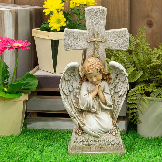 Angel with Cross Memorial Garden Statue 14.5"